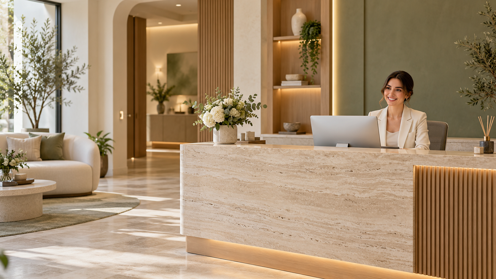 Illustrative outpatient clinic reception with a receptionist